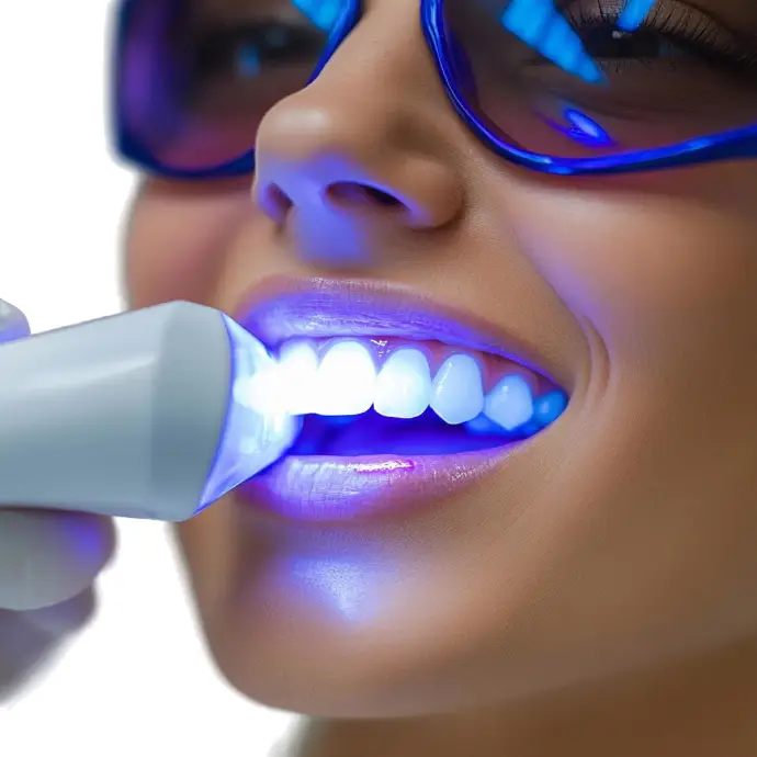 Professional teeth whitening treatment in progress