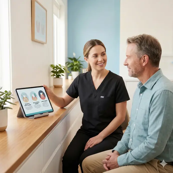 Dentist explains the options for cleaning procedure