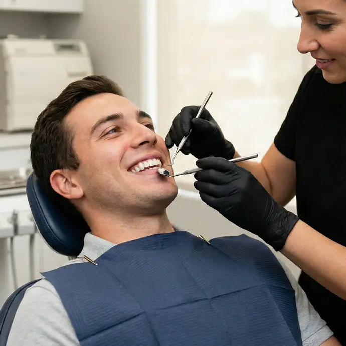 Happy patient with bright, healthy smile after dental cleaning